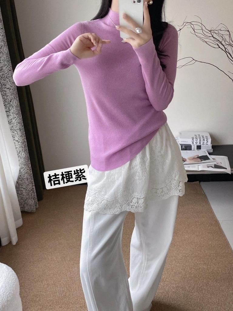Women's Seamless Wool Pullover: Half-High Collar, Long Sleeve, Solid Color - Autumn/Winter Knit Sweater