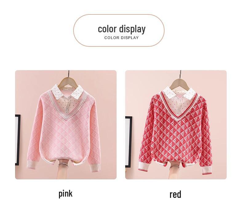 Dívčí mikina se vzhledem dvoudílného kompletu – Módní top s límečkem košile a dlouhým rukávem na jaro/podzim pro velké děti.