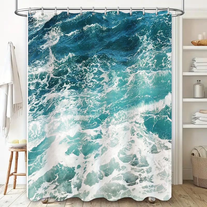 Ocean Wave Shower Curtain Blue Sea Beach Bathroom Decor Waterproof Fabric Liner Backdrop