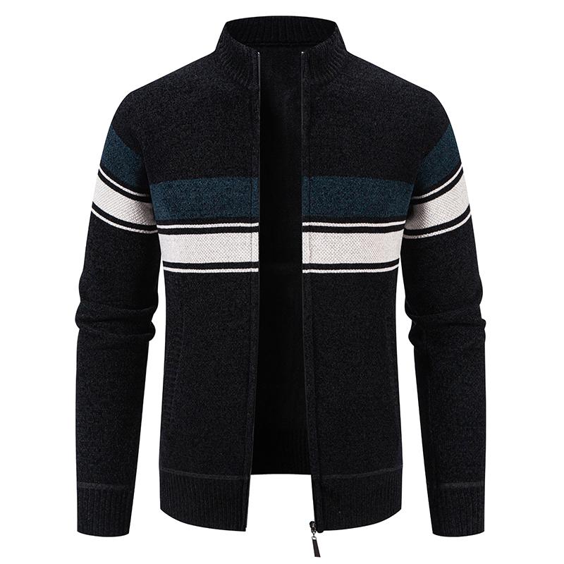 Men's Striped Knitted Cardigan Zip Up Stand Collar Sweater Jacket Casual Fashion Color Block Knit Coat Winter Warm Outerwear for Daily Business Office