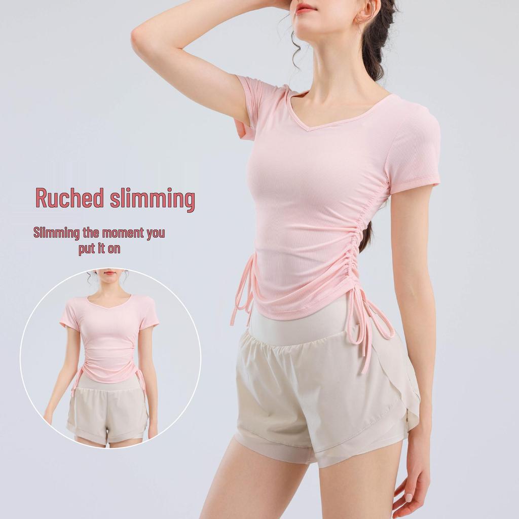 Women's V-Neck Short Sleeve Sports T-Shirt - Solid Color, Breathable, Slimming Fitness Top for Spring/Summer.