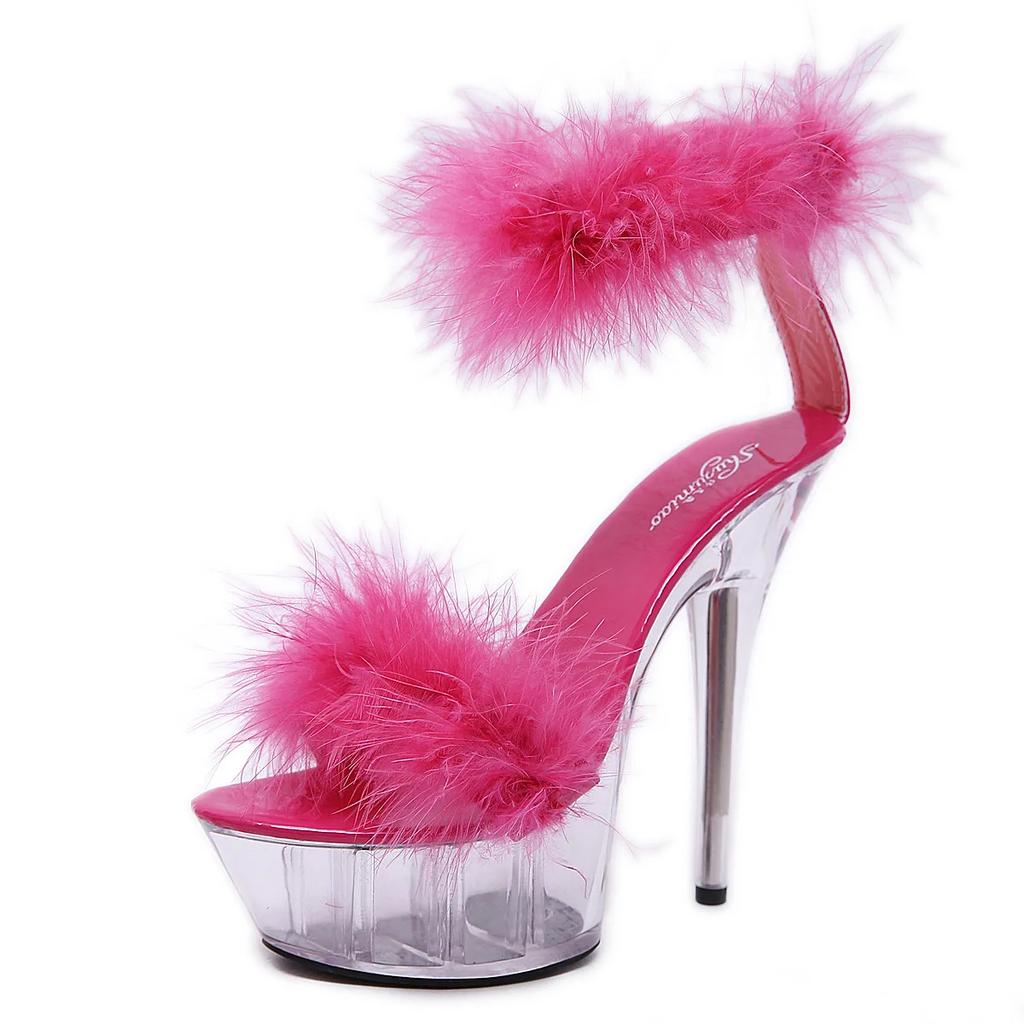 15cm model high heels stiletto heel sexy black waterproof platform hate sky high super high heel fur sandals women's summer