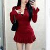 Spice girls wear hip-wrapped skirt women's clothing autumn and winter New Year's robe red long-sleeved top half-length skirt two-piece set