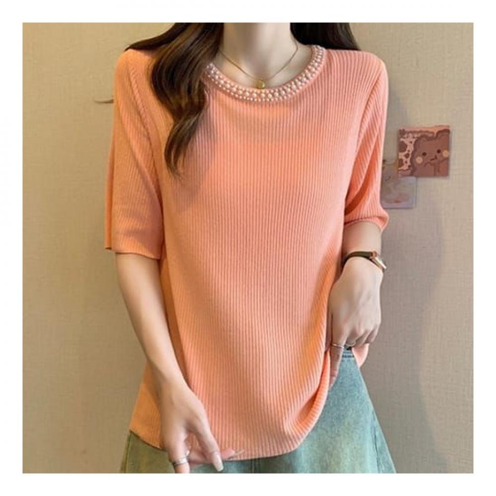 Navava Women S Thin Pearl Knit Round Neck Short Sleeve Nk2138