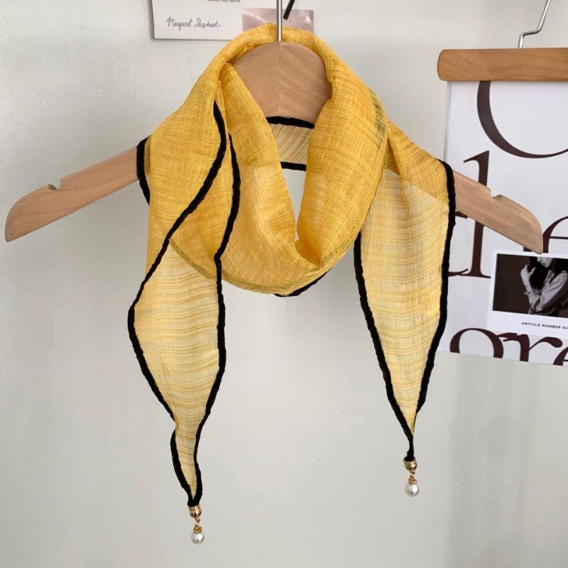 Silk Scarf New Versatile Breathable Fashion Yarn Scarf Scarf Thin Scarf Pearl Pendant Small Shawl Rhombus Silk Scarf Waist