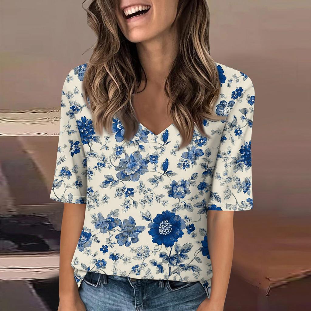 Women's Fashionable Casual Short-sleeved Five-quarter Sleeve Floral Print V-neck Top