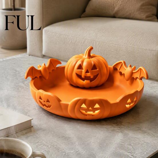 Decorative Table Centerpiece Halloween Pumpkin Tray, Bat Relief Candy Holder, 3D Printed Tray Desktop Storage Bowl, Spooky Tabletop Ornament for Party