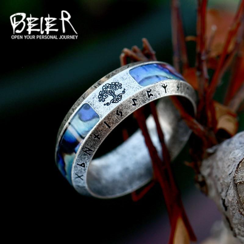 Beier European & American Stainless Steel Antiqued Viking Letter Ring - Retro Fashion Titanium Steel Shell Pattern