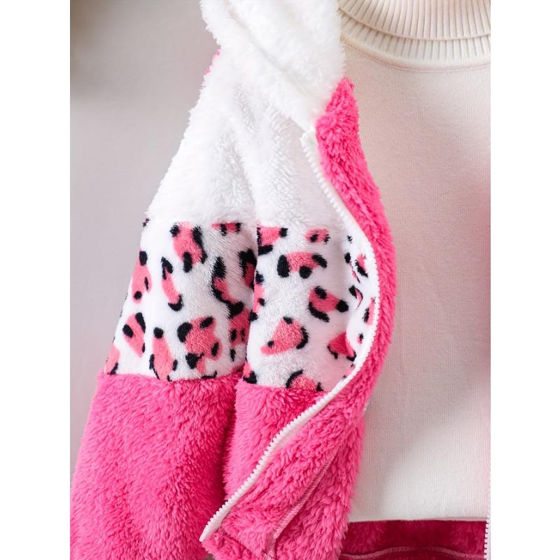Cozy & Cute Girls' Leopard Print and Pink Fleece-Lined Zip-Up Hoodie Jacket - Warm, Thick Polyester Blend for Autumn/Winter, Long Sleeves,Casual Style