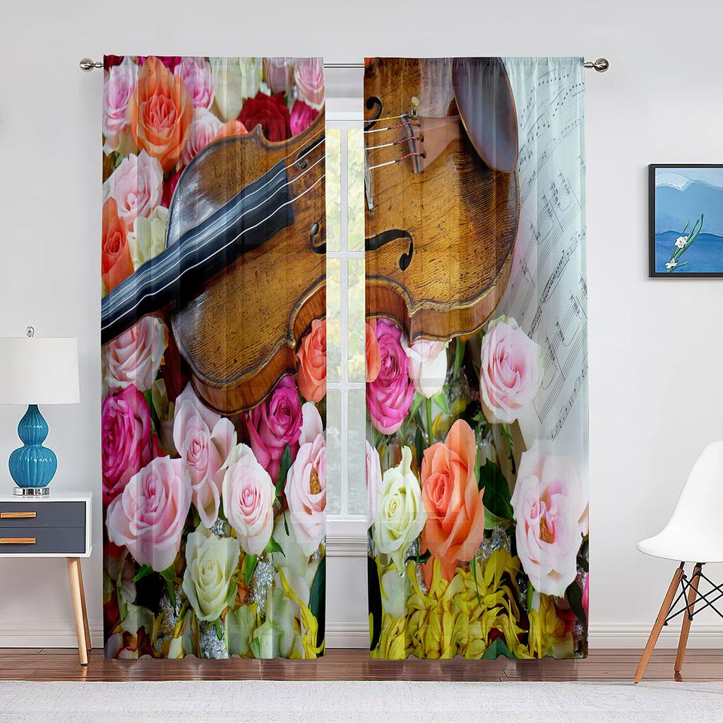 Röd Ros Blommig Kaffe Violin Skir Voile Gardin för Vardagsrum för Fönsterpersienner Sovrum Draperi Kök Hall Tyllgardiner