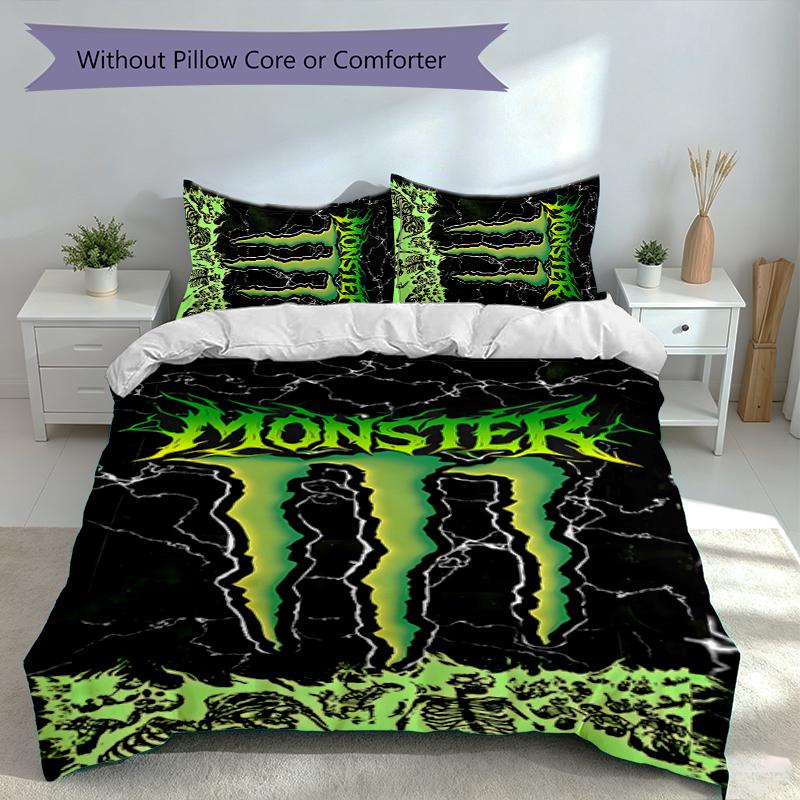 3pcs Monster Energy LOGO Duvet Cover Set, Includes 1 Duvet Cover and 2 Pillowcases,Skin-Friendly&Comfortable Fabric,Suitable Bedding Sets