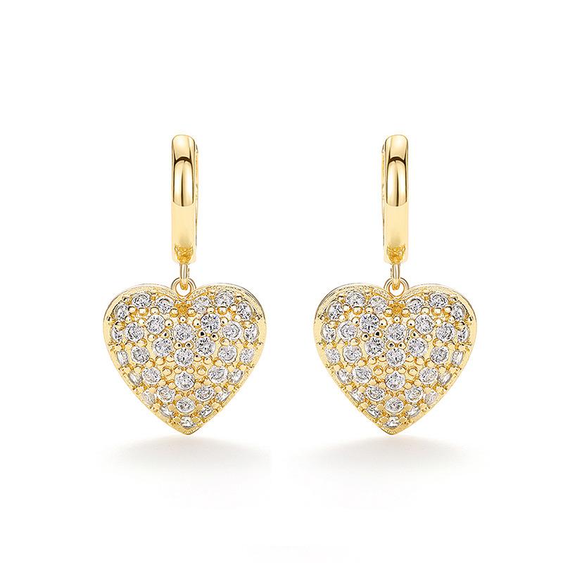 Zircon-Inlaid Love Peach Heart Earrings For Women, Fashionable Temperament Yellow-Gold Jewelry, Popular Daily Elegance