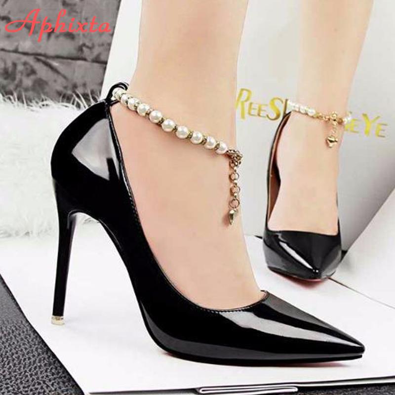 Fashion Aphixta Pearl Chain Luxury 10cm Thin Heels Pointed Toe Pumps Women Official Patent Leather Shoes Wedding Plus Big Size 49 50