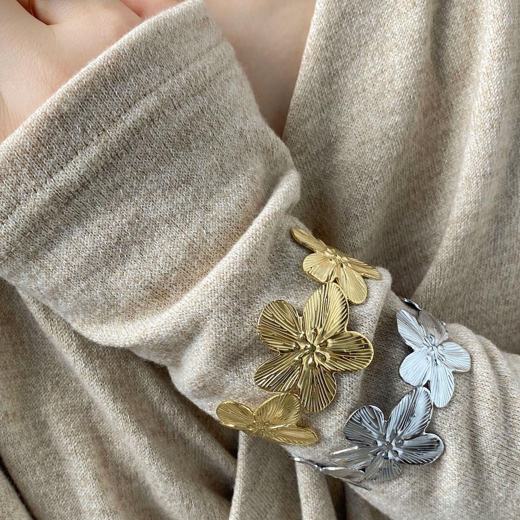 CARLIDANA Fashion Jewelry Gold Plated Bracelets Gift Stainless Steel Hammer Butterfly Flower Cuff Bangle Earrings Rings Set