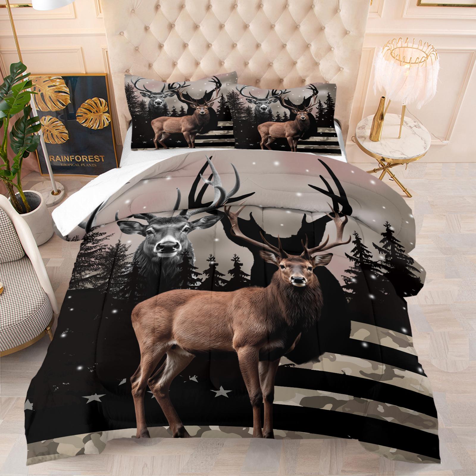 

Elk Pattern Quilted Quilt Set Jungle Style Bedding Set Suitable for Hunting Lovers Bedroom Decoration All Seasons Twin-2Pcs