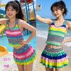 Striped Vest Sport Skirt with Split Safety Shorts - Student Swimsuit Set
