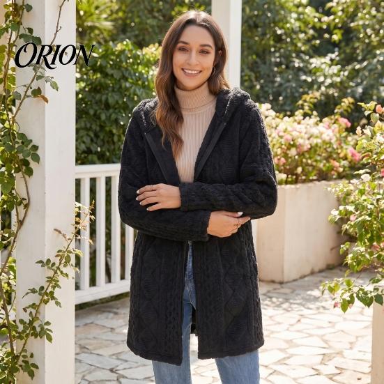 Warm Women Coat Hooded Fleece Jacket, Long Sleeve Zip-Up Casual Comfortable Fall Apparel Coat, Solid Color Thermal Outerwear for Winter Jacket
