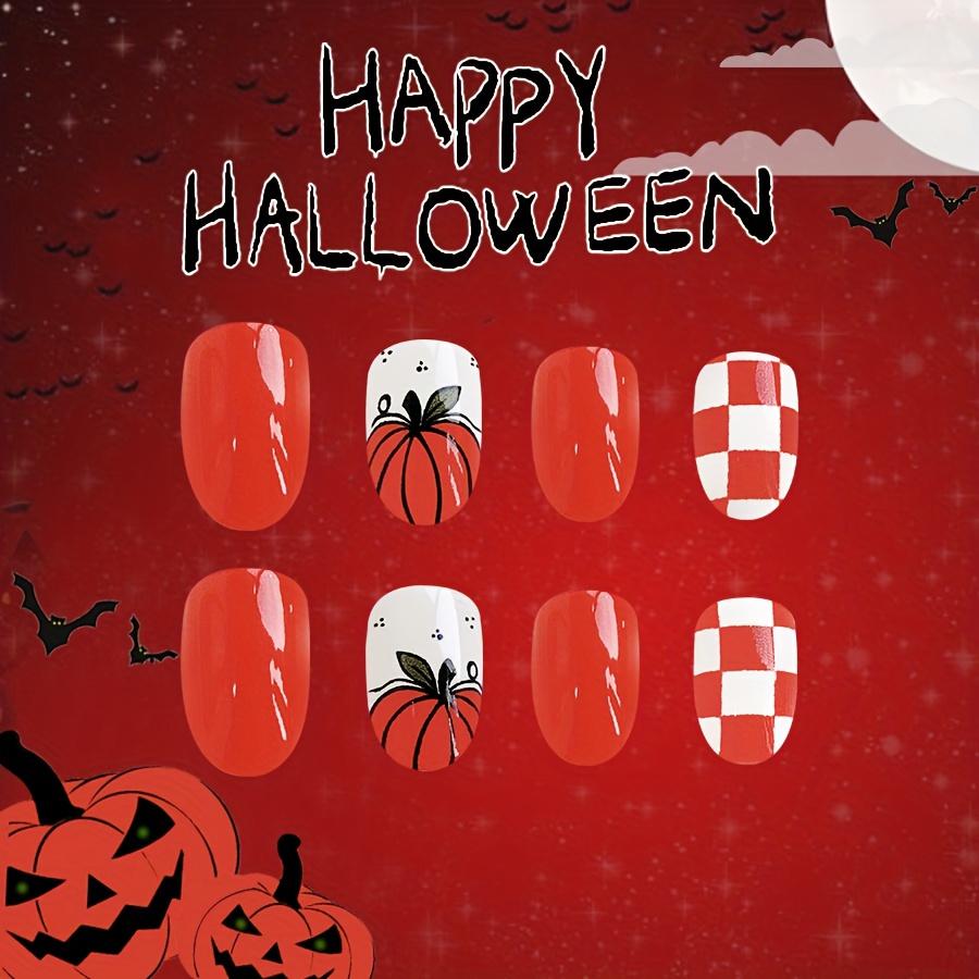 24pcs Halloween Pumpkin & Plaid Press-On Nails Set - Glossy Short Oval, Full Coverage Fake Nails In Vibrant Orange & White for Women and Girls