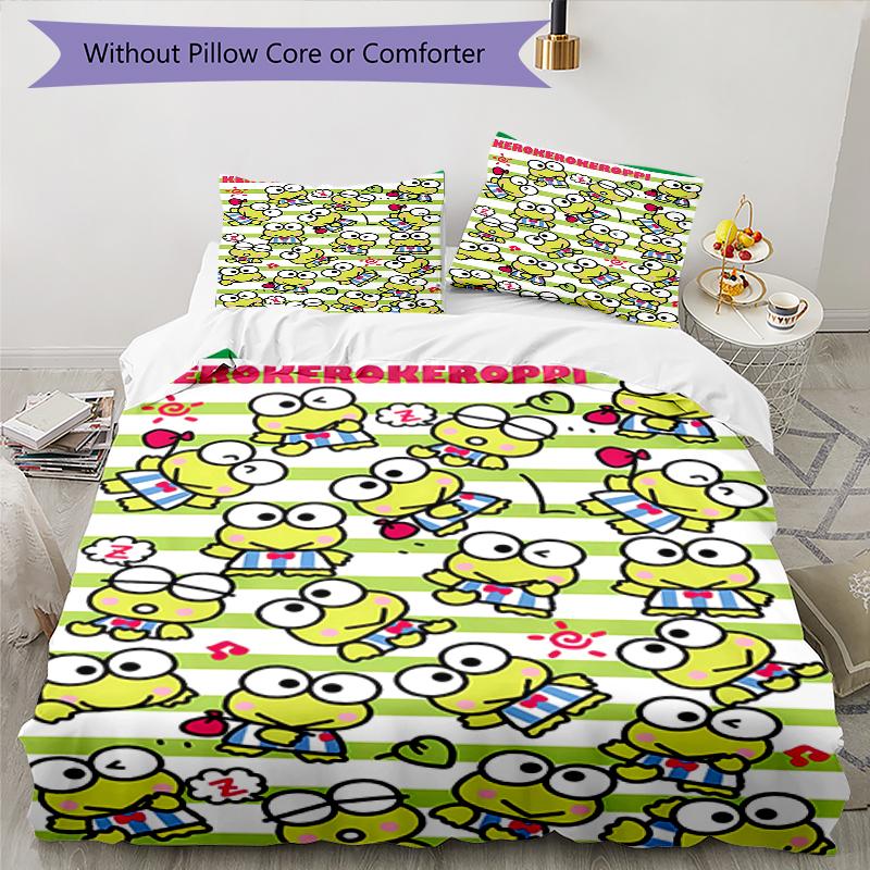 3pcs Sanrio KEROKERO KEROPPI1 Design Cover Set - HD Printed Bedding with 1 Cover and 2 Pillowcases - Perfect for Home and Dorm Decor