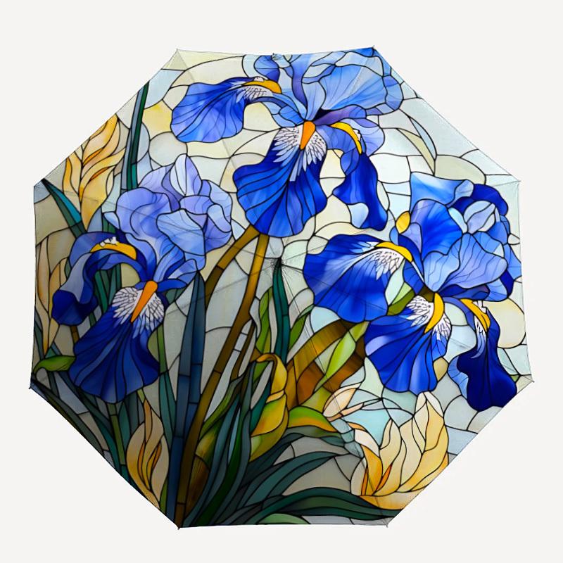 1 шт. Складной зонт-автомат с витражным рисунком  Ирис , компактный, всесезонный, портативный, для женщин/мужчин F1124069