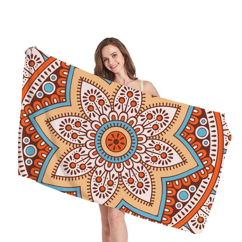 Ethnic Mandala Geometry Digital-printed Polyester Superfine Fiber Double-sided Fleece Beach Vacation Bath Towel, Beach Towel