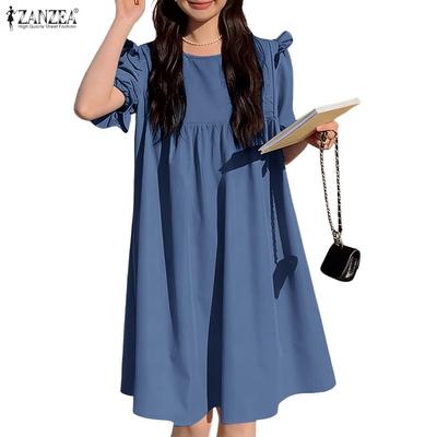 Women Casual Round Neck Solid Color Loose Short Sleeve Dress