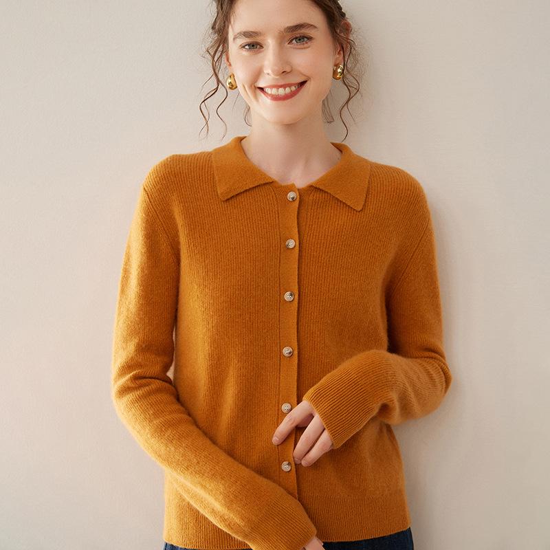 Women's Slim Fit Cashmere Polo Collar Cardigan - Comfortable Knitwear Coat for Autumn/Winter Fashion