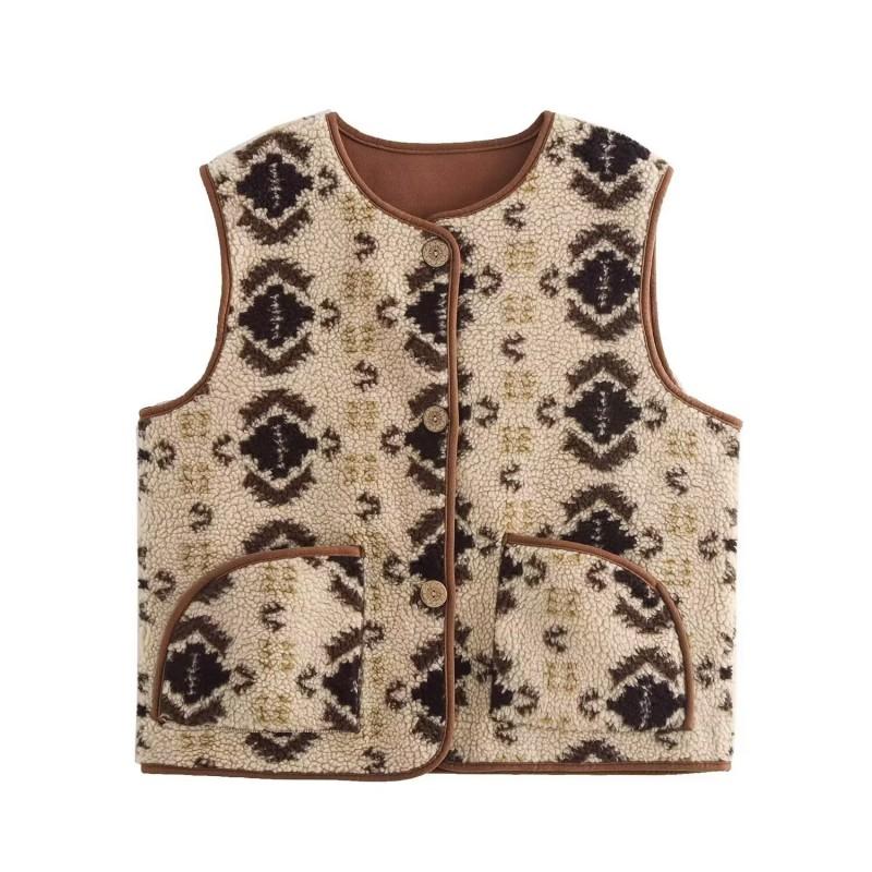 Womens Faux Fur Lined Vest With Print Design Round Neck Sleeveless Cardigan Style 2026 Outdoor Casual Wear