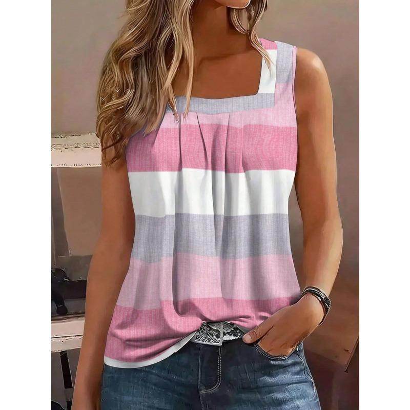 Canotta a righe senza maniche con scollo quadrato, stile estivo nuovo, taglio ampio e casual, capo superiore per donna