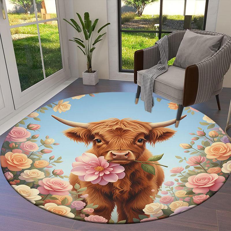 Cuteflowersanimals Round Area Rug,Carpet Rug for Living Room Bedroom Sofa Playroom Decor,Non Slip Floor Mat