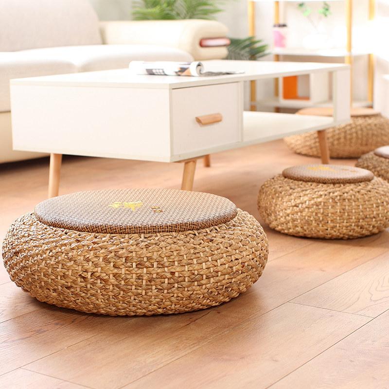 Handwoven Rattan Round Floor Cushion,Meditation Yoga Zafu Pillow Tatami Seat,Natural Boho Style Pouf Ottoman for Zen Living Room