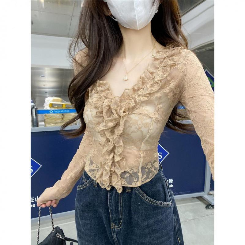 Chic French Ruffled Lace V-Neck Long-Sleeve Top - Slim Fit 2025 Spring/Summer