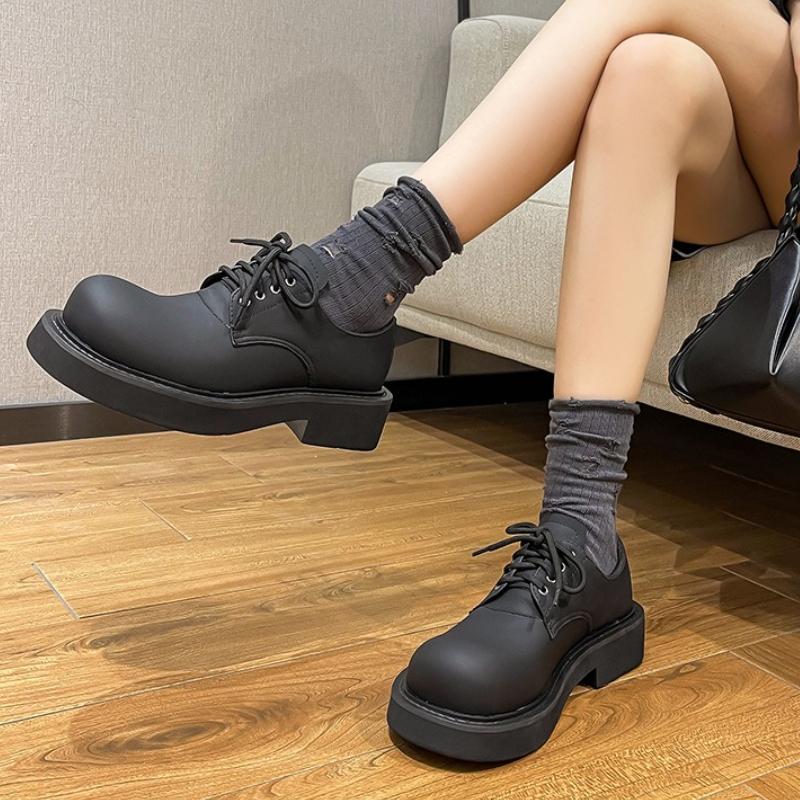 Fashion Black Thick Bottom Lace Up Pumps Women British Style Sewing Designer Shoes Cozy Square Heel 45 Extra Large Size Loafers