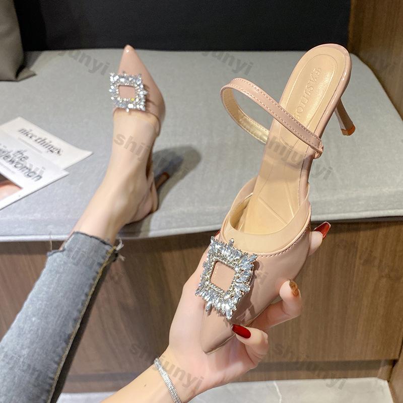 Fashion Elegant Thin High Heels Pumps for Women 2025 Spring Rhinestones Buckle Shallow Mouth Single Shoes Woman Pointed Toe Office Shoes