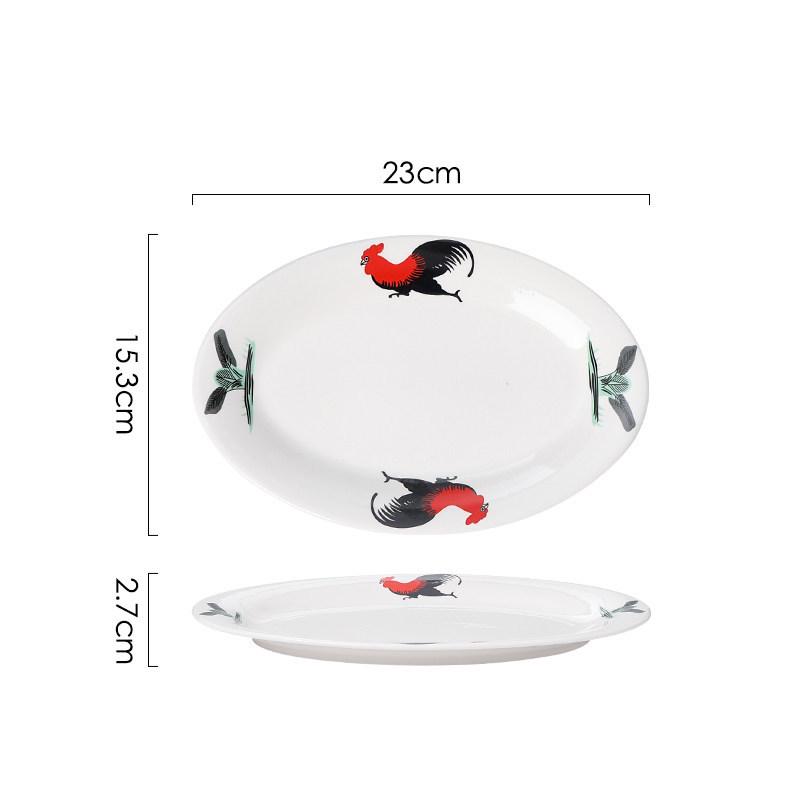 Ceramic Retro Rooster Oval Fish Serving Plate for Hotels and Households
