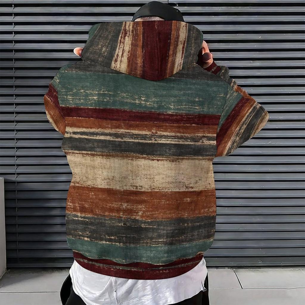 Men Plus Size Green Brown White Tie Dye Printed Long Sleeve Drawstring Hoodie Kangaroo Pocket Pullover