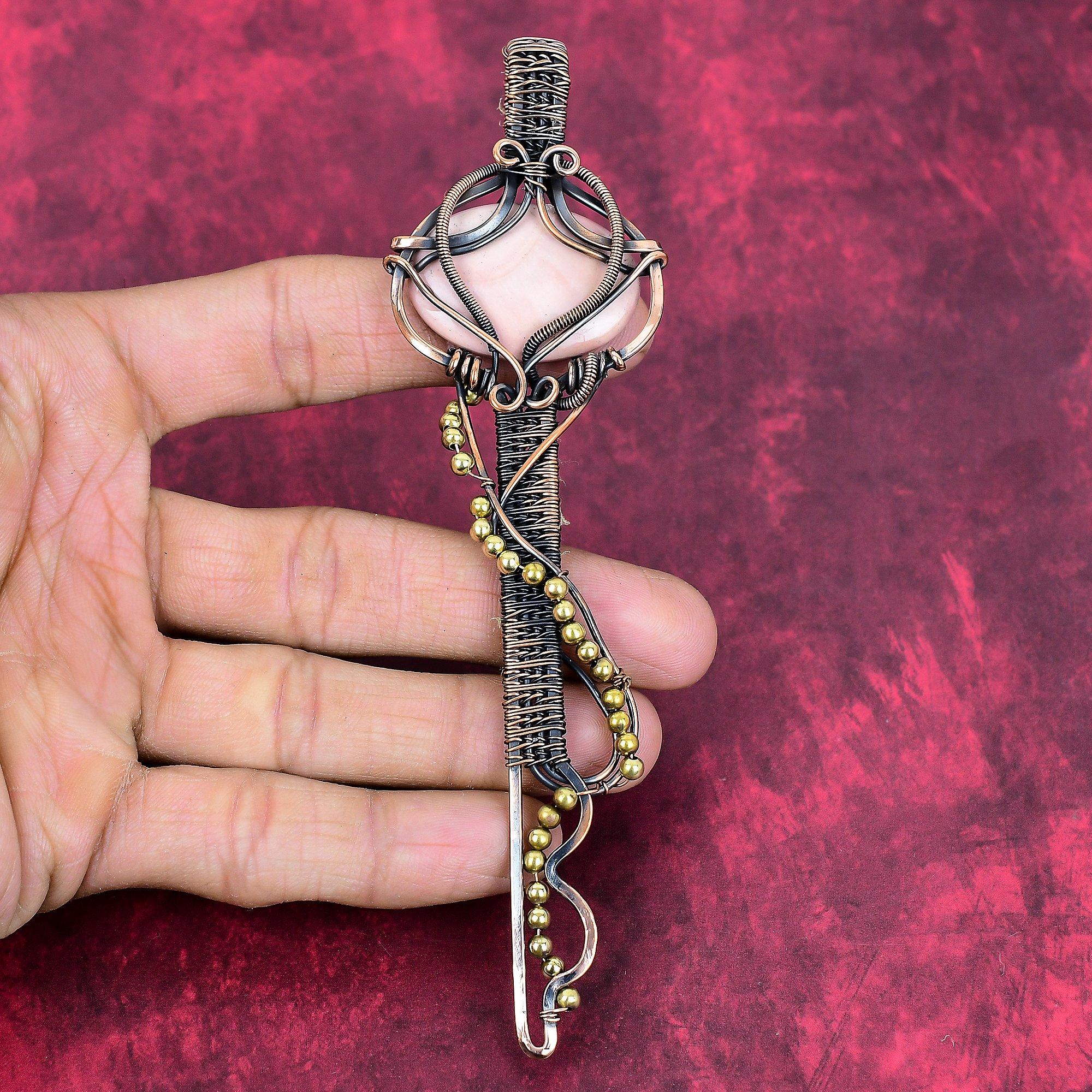Pink opal pendant copper wire wrapped key pendant natural gemstone jewelry handmade pendant copper jewelry gifts for him birthstone pendant