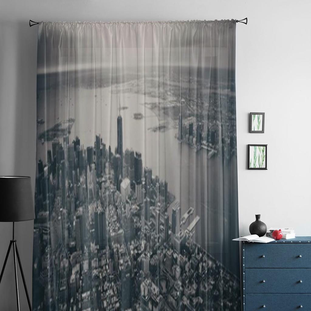 New York City Manhattan Downtown Aerial View Chiffon Sheer Curtains for Living Room Bedroom Window Curtain Voiles Tulle Cortinas