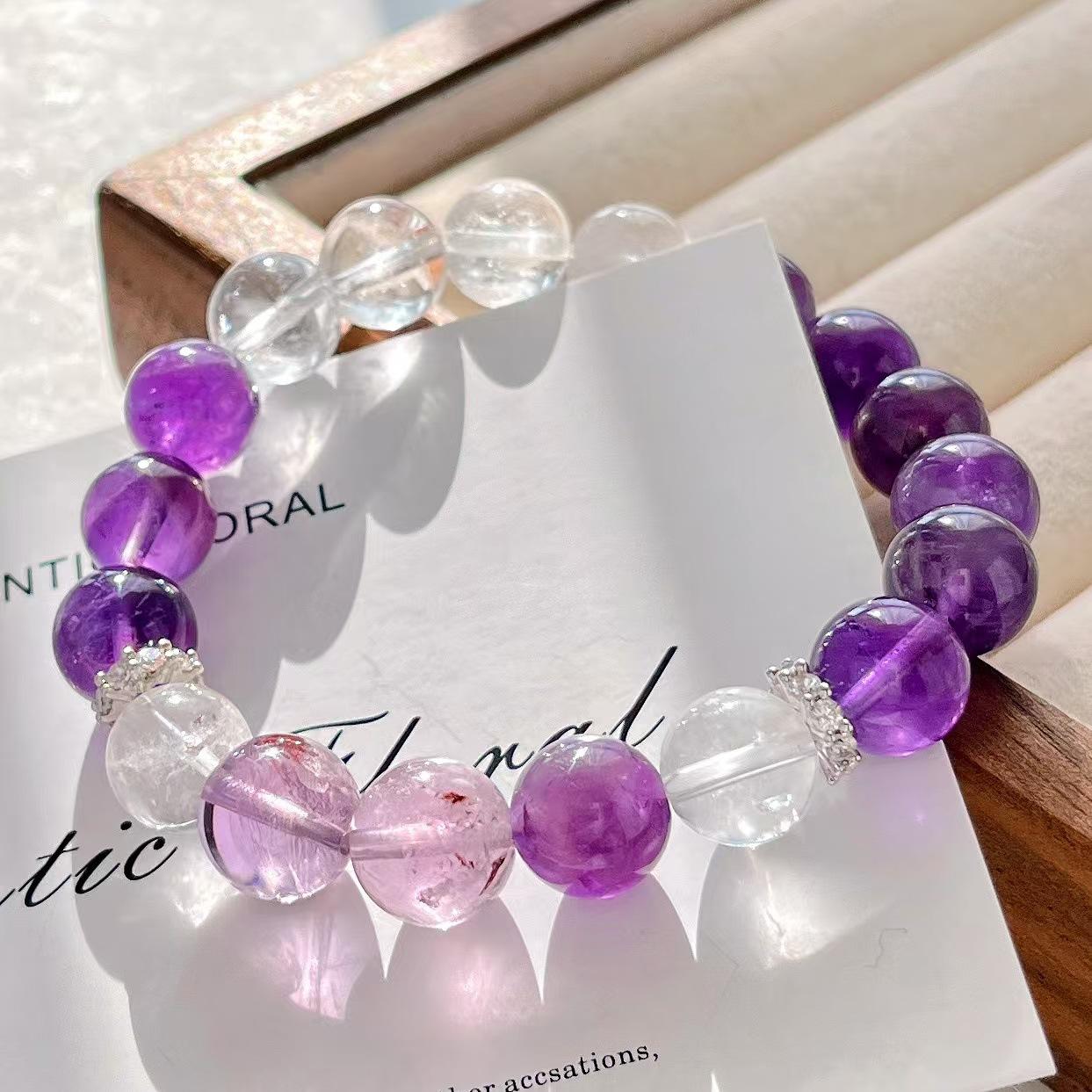 Retro 10Mm Large Particle High Quality Natural Purple Ghost White Crystal Bracelet Bracelet.