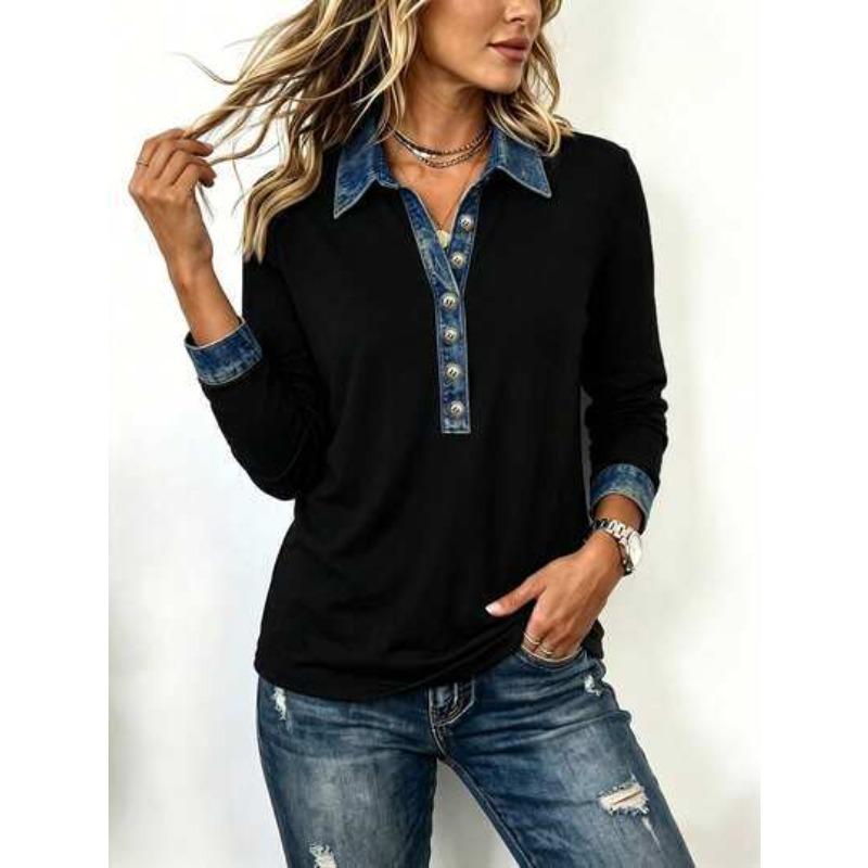 VEZFAA Damenmode, lässig, Frühling und Herbst, Farbblock-Druck, langärmelig, Polo-Ausschnitt, Blusen und Hemden
