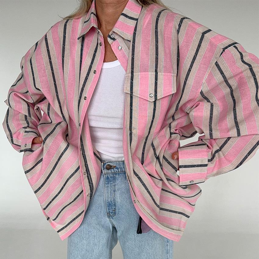 French Vintage Lapel Striped Shirt, Relaxed Style, Loose Casual Long-sleeve Shirt, Fashionable Versatile Color-block Cardigan