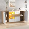 Credenza Moderna con Ampio Spazio di Archiviazione, con Illuminazione LED, 160x40x77cm, 2 Ante, 4 Cassetti, Ripiano in Vetro, Effetto Legno, Bianco.