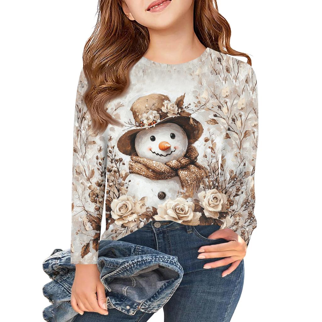 Christmas Day Girls Long Sleeve T Shirts Kids Fall Tops Crewneck Printed Basic Tees