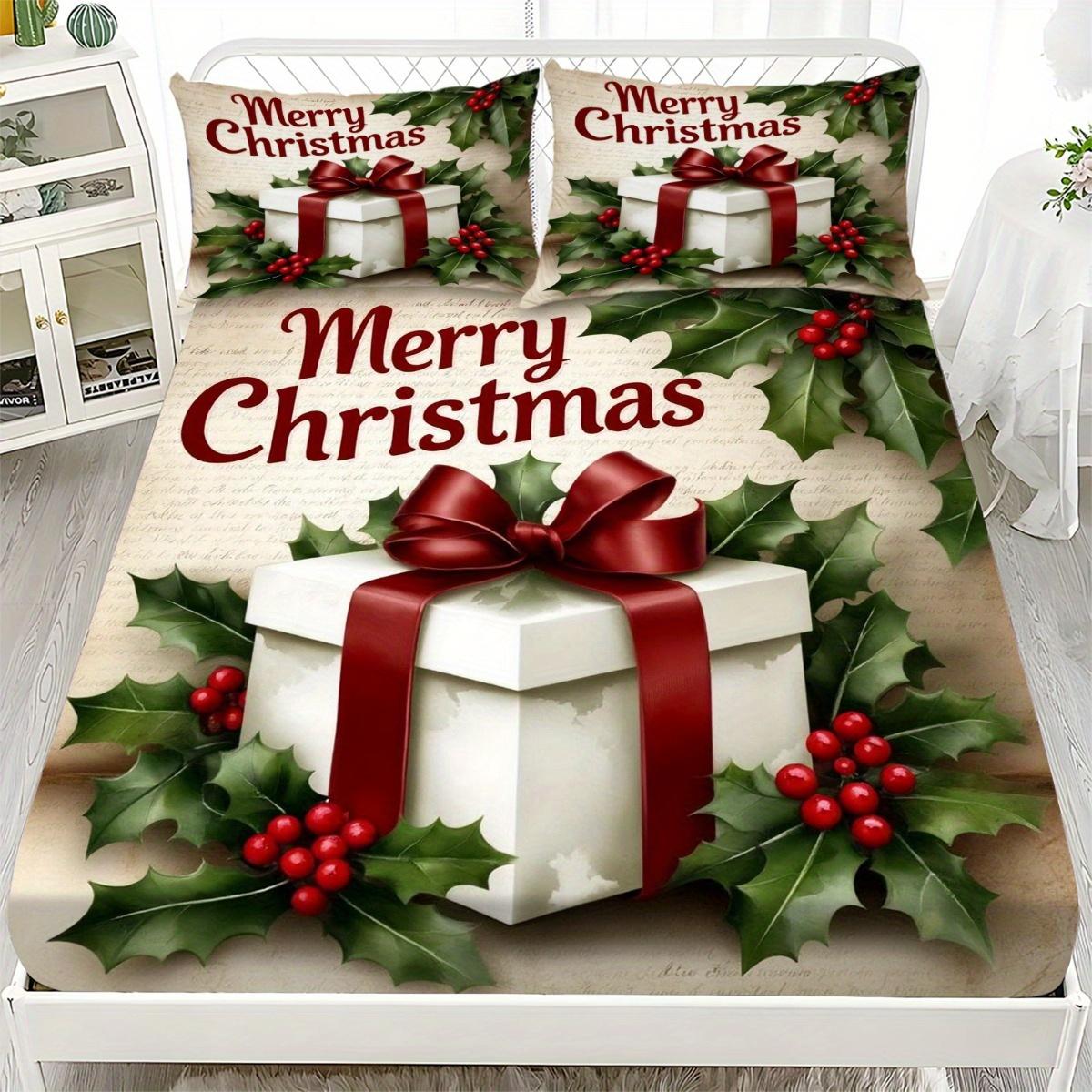 

3 предмета & Рождественский постельный набор для взрослых - Мягкая бежевая простыня на резинке и наволочки, дизайн подарочной коробки с красными/зелеными ягодами остролиста EU Twin(135x200cm)