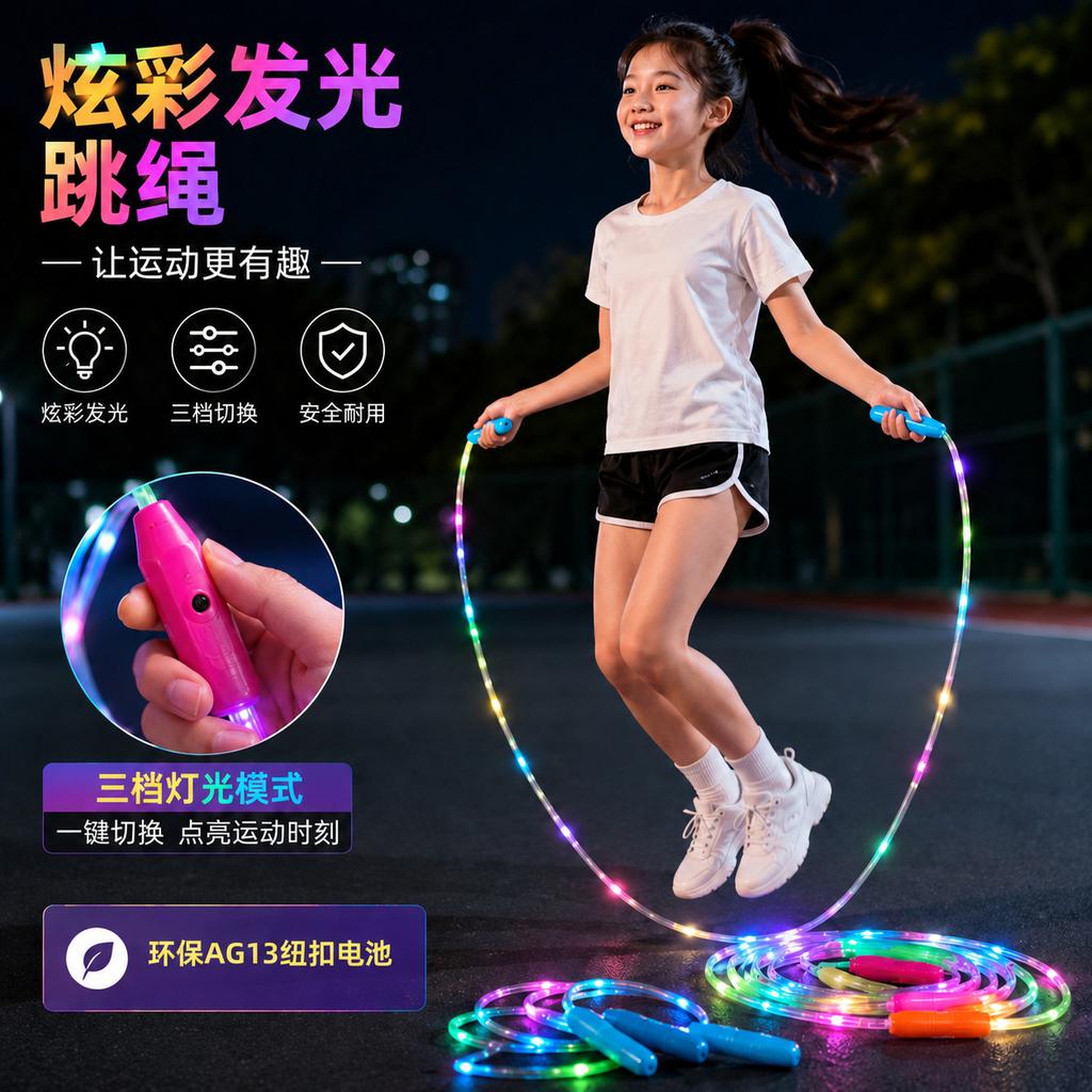 3 Speed Adjustable Color LED Light Up Jump Rope, Luminous Glowing Skipping Rope for Kids