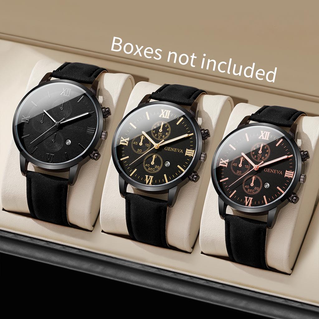 3pcs/set Men's Handsome Leather Watch Simple Roman Scale Three Eye Dial Men's Calendar Strap Quartz Combination Watch (No Box)