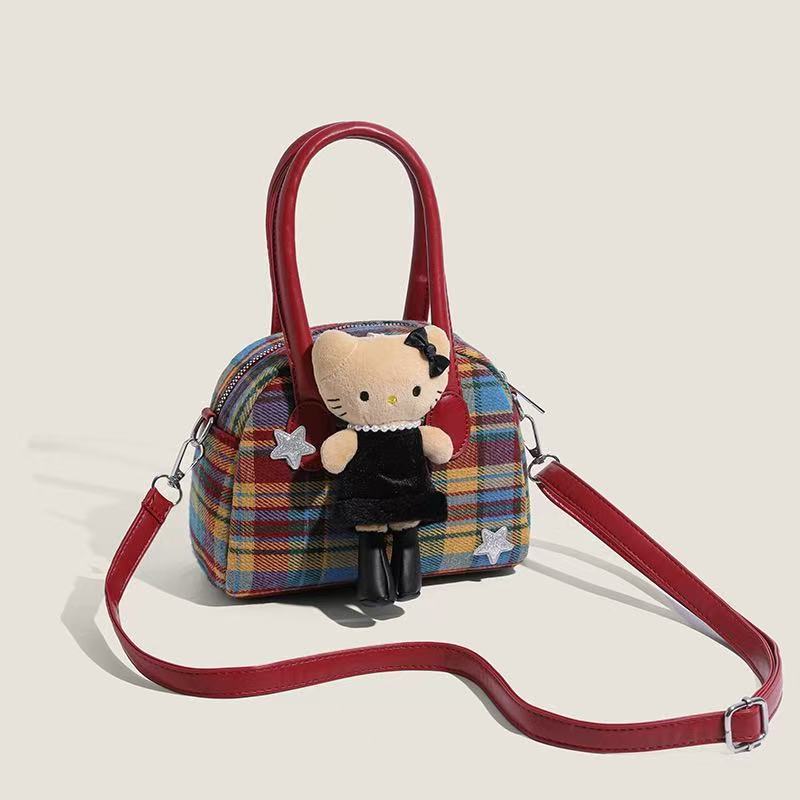 Zusammenklappbare PU-Schultertasche Hello Kitty mit rotem Karomuster für den täglichen Gebrauch