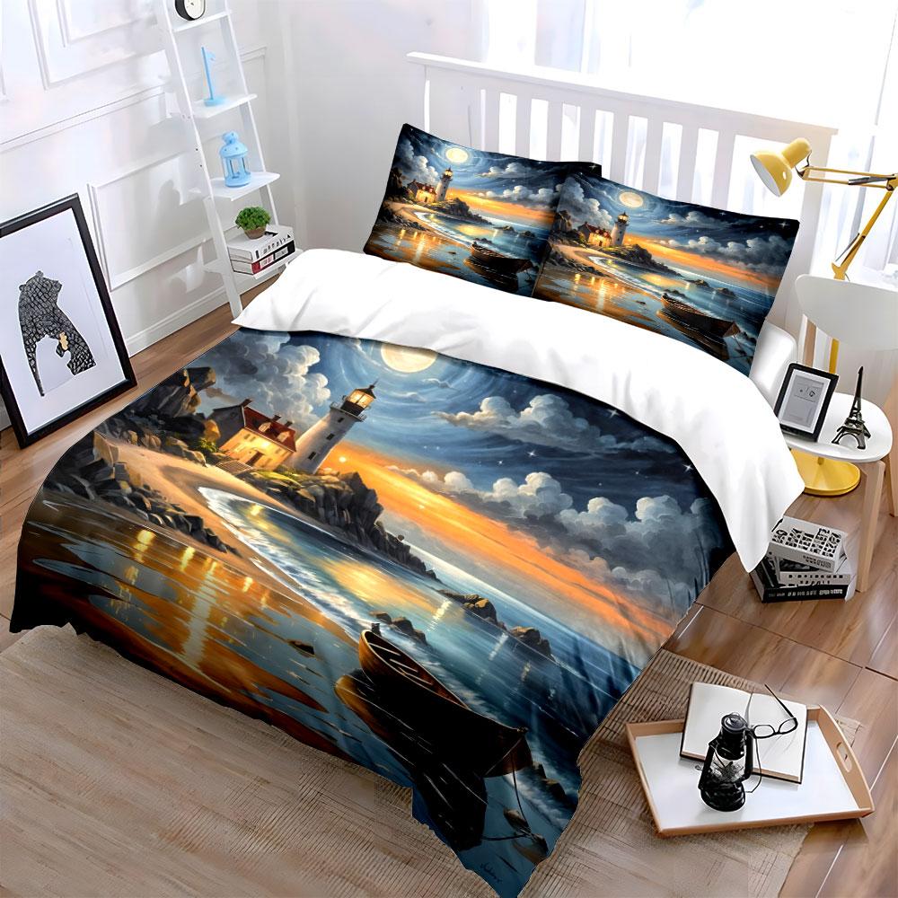 Lighthouse, Boat, Ocean, Clouds. Bedding Sets Duvet Cover Sets Duvet Covers Pillowcases(1*Duvet Cover 2*Pillowcases Without Duvet Insert)