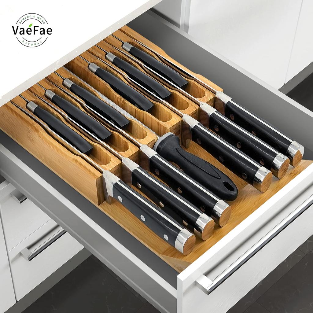 VaeFae Bamboo Knife Drawer Knife Drawer Organizer Kitchen Drawer Knife Block for 12 Plus Slot for Knife Sharpener Organizer, Insert, Knives, (No