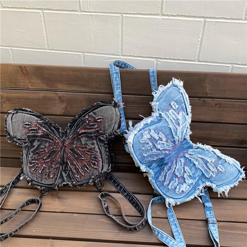 Borsa a Spalla Urbana in Denim con Ricamo a Farfalla e Pochette con Cerniera per Uso Quotidiano